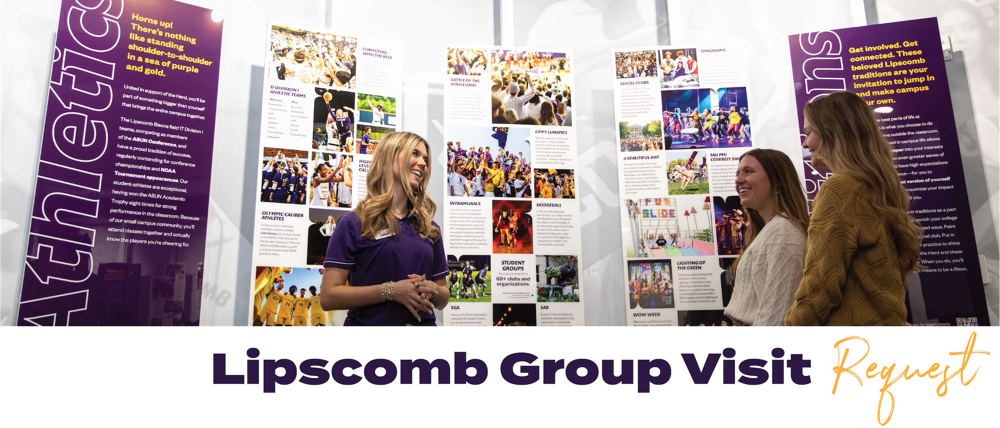 Text: Lipscomb Group Visit Request | Image: Lipscomb student giving a tour in the Lipscomb Welcome center